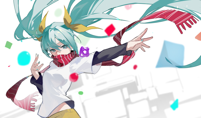 1girl absurdres aqua_eyes aqua_hair aqua_nails bandaid bandaid_on_face bandaid_on_nose black_shirt blurry commentary_request crossed_bangs depth_of_field green_pants green_ribbon hair_between_eyes hair_ribbon hands_up hatsune_miku highres jiu_ye_sang long_hair long_sleeves looking_at_viewer outstretched_arm pants red_scarf ribbon scarf shirt shirt_under_shirt short_sleeves sidelocks solo t-shirt twintails upper_body very_long_hair vocaloid white_background white_shirt wind