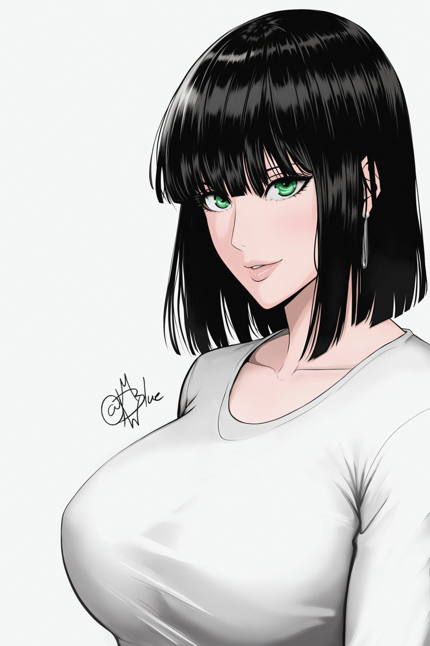 1girl absurdres black_hair breasts earrings fubuki_(one-punch_man) green_eyes highres jewelry large_breasts light_smile lips looking_at_viewer mostlybluewyatt one-punch_man shirt short_hair simple_background solo tight_clothes white_shirt