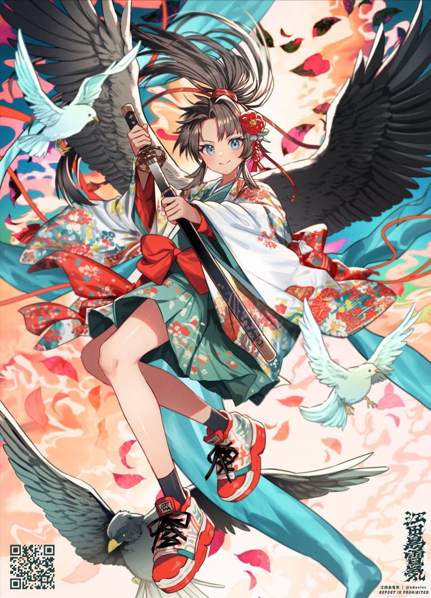 1girl absurdres animal animal_request aqua_dress aqua_eyes artist_name bird bird_wings black_bird bow brown_hair closed_mouth dress feathered_wings floral_print flower full_body hair_flower hair_ornament highres holding holding_sheath holding_sword holding_weapon katana long_hair long_sleeves original ponytail red_bow ronica sheath shoes smile sneakers sword weapon white_bird wide_sleeves wings