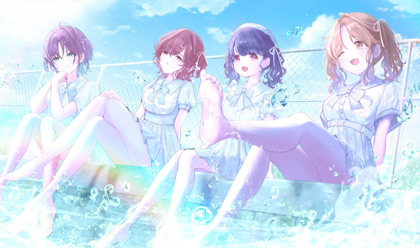 4girls absurdres ahoge asakura_toru bare_legs barefoot beret blue_sky bow bowtie brown_eyes brown_hair chain-link_fence commentary_request day fangs fence fukumaru_koito gradient_hair hair_ornament hair_ribbon hairclip hat highres higuchi_madoka ichikawa_hinana idolmaster idolmaster_shiny_colors knees_up legs_up long_hair looking_at_viewer medium_hair miniskirt mole mole_under_eye momo_(tou_gen_kyo) multicolored_hair multiple_girls noctchill_(idolmaster) one_eye_closed open_mouth outdoors pleated_skirt pool puffy_short_sleeves puffy_sleeves ribbon sailor_collar shirt short_hair short_sleeves sitting skin_fangs skirt sky swept_bangs thighs twintails violet_eyes water white_ribbon white_shirt white_skirt