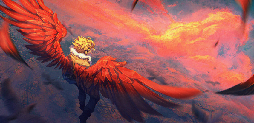1boy above_clouds bird black_bird blonde_hair blurry blurry_foreground boku_no_hero_academia chromatic_aberration city clouds commentary depth_of_field emily_ooi english_commentary falling_feathers feathered_wings feathers film_grain flock flying from_above from_behind full_body fur-trimmed_jacket fur_trim hawks_(boku_no_hero_academia) headphones highres instagram_username jacket light male_focus messy_hair midair outdoors pants perspective pink_clouds red_feathers red_wings short_hair solo spread_wings sunlight twilight twitter_username wide_shot wings wings_through_clothes yellow_jacket