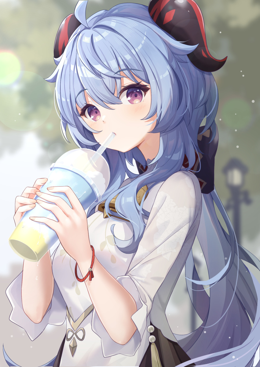 1girl absurdres ahoge bell blue_hair blurry bow bracelet commentary_request cup depth_of_field disposable_cup drinking_straw drinking_straw_in_mouth from_side ganyu_(heytea)_(genshin_impact) genshin_impact goat_horns hair_between_eyes hair_bow hair_ribbon highres holding holding_cup horns jewelry koki_(latte1023) lamppost long_hair long_sleeves looking_at_viewer looking_to_the_side low_ponytail neck_bell official_alternate_costume outdoors ribbon shirt sidelocks solo upper_body violet_eyes white_shirt