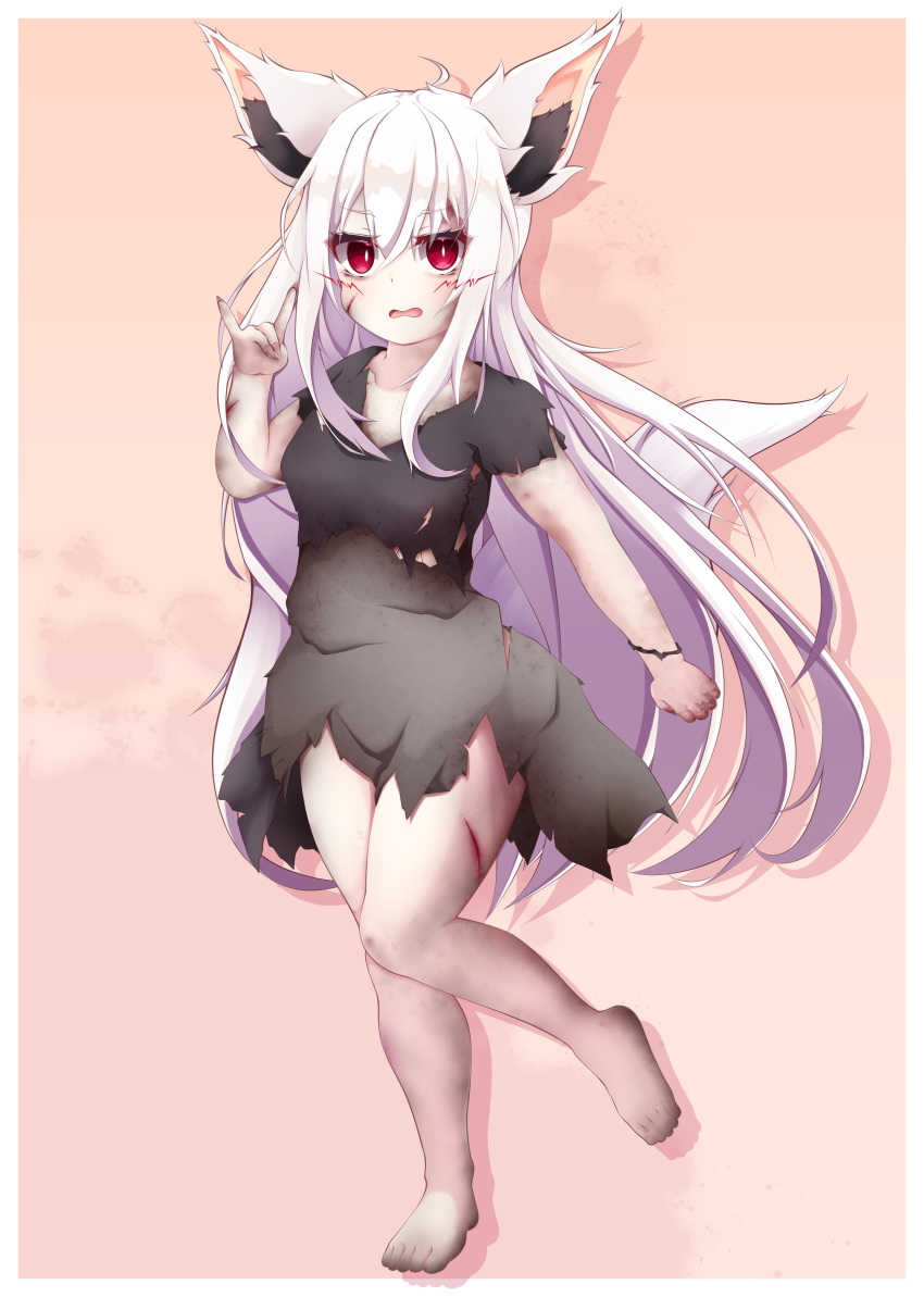 1girl absurdres amatsugitsune_haku amatsugitsune_haku_(character) animal_ears bare_legs barefoot black_dress breasts cuts dirty dress fox_ears fox_girl fox_shadow_puppet fox_tail full_body highres indie_virtual_youtuber injury long_hair red_eyes short_sleeves stitches tail torn_clothes torn_dress very_long_hair virtual_youtuber white_hair