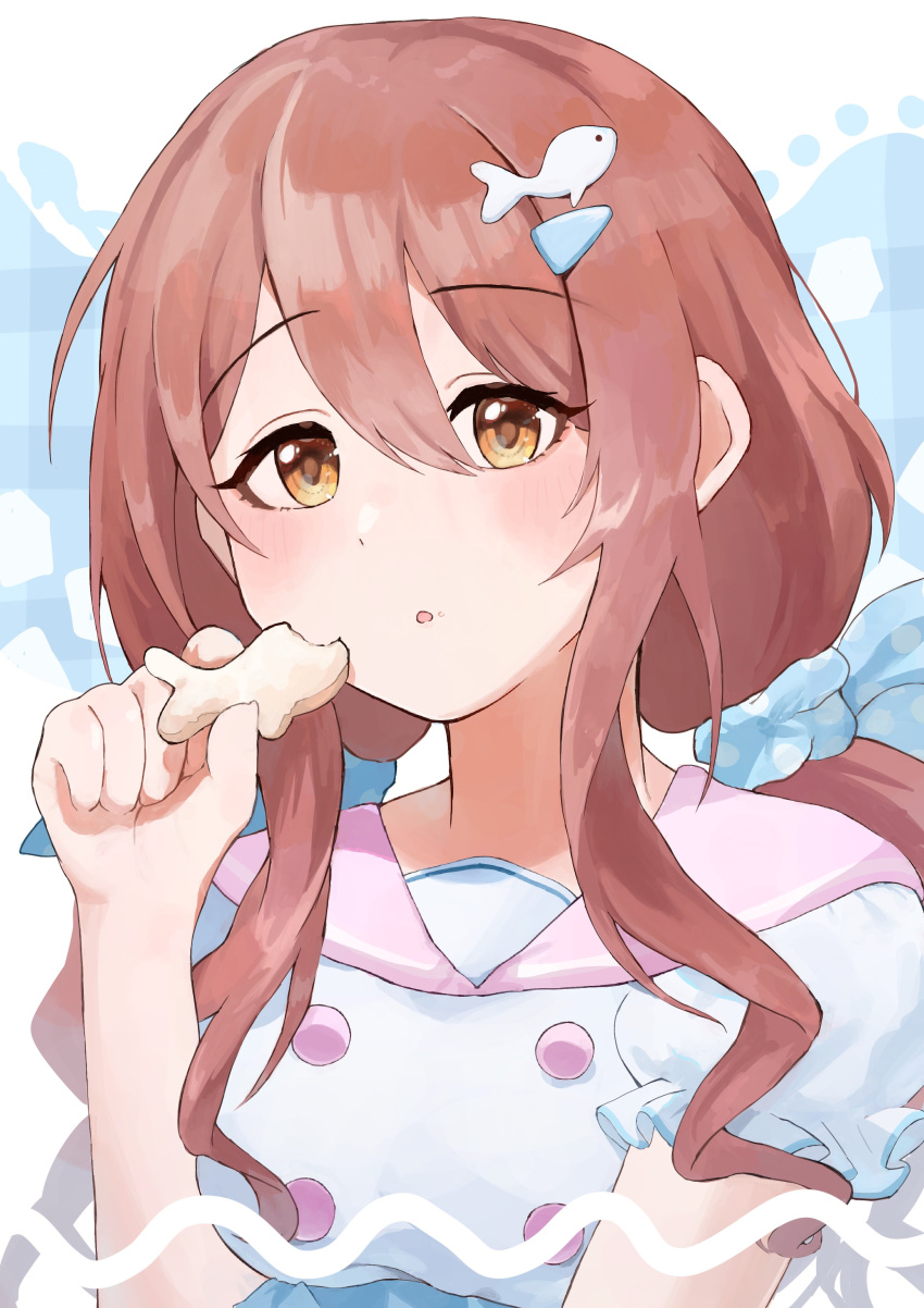 1girl absurdres blue_scrunchie brown_hair buttons cookie deibadoo dot_nose double-breasted eyelashes fish_hair_ornament food food_bite frilled_sleeves frills hair_ornament hair_scrunchie hairclip highres holding holding_food idolmaster idolmaster_shiny_colors light_blush long_hair low_twintails osaki_tenka polka_dot polka_dot_scrunchie puffy_short_sleeves puffy_sleeves scrunchie shirt short_sleeves solo swept_bangs twintails upper_body white_shirt yellow_eyes