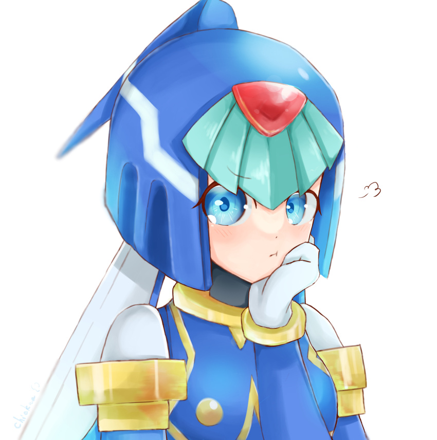 1girl :t =3 android blue_eyes blurry blush breasts closed_mouth gloves hand_on_own_face helmet highres jealous leviathan_(mega_man) looking_at_viewer mega_man_(series) mega_man_zero_(series) pout robot robot_girl simple_background solo upper_body user_rahj5587 white_background white_gloves
