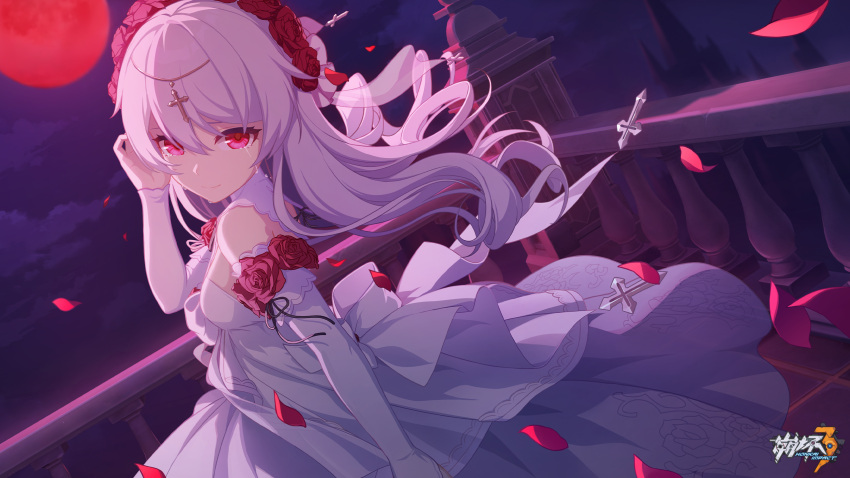 1girl bare_shoulders chinese_commentary closed_mouth clouds cloudy_sky cross crying crying_with_eyes_open detached_sleeves dress flower full_moon hair_between_eyes hair_flower hair_ornament highres honkai_(series) honkai_impact_3rd long_hair looking_at_viewer moon night night_sky official_alternate_costume official_art official_wallpaper outdoors petals red_eyes red_flower red_moon red_rose rose sky smile solo tears theresa_apocalypse theresa_apocalypse_(luna_kindred) upper_body white_dress white_sleeves