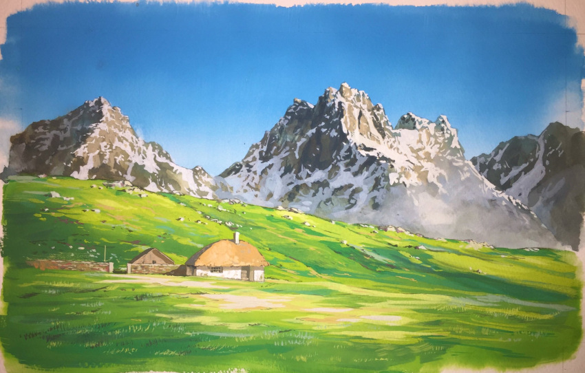 blue_sky building chochottochoina clouds cloudy_sky fence grass highres hill house mountain mountainous_horizon no_humans original painting_(medium) plateau sky snow thatched_roof traditional_media