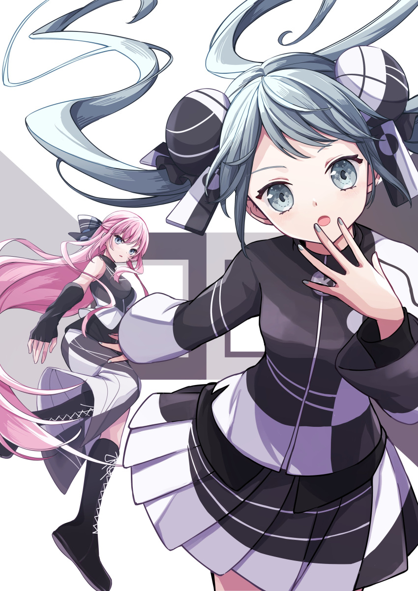 2girls absurdres black_footwear blue_eyes blue_hair blue_nails boots bow bun_cover cross-laced_footwear hair_bow hatsune_miku highres long_hair megurine_luka multicolored_clothes multicolored_shirt multicolored_skirt multiple_girls nagitofuu open_mouth pink_hair skirt twintails very_long_hair vocaloid world's_end_dancehall_(vocaloid)