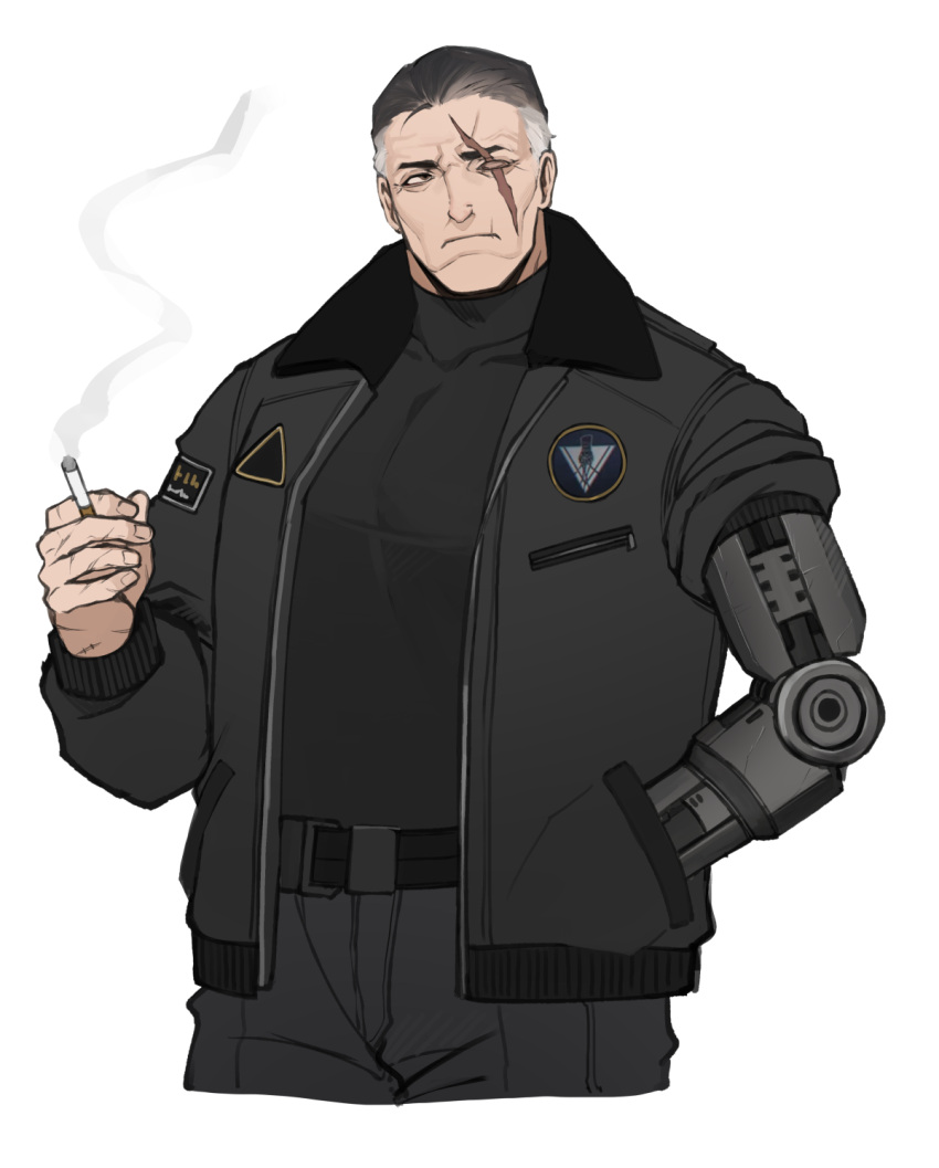 1boy armored_core armored_core_6 belt black_hair black_jacket black_pants black_shirt cigarette grey_hair handler_walter highres holding holding_cigarette jacket kyou_(ningiou) light_frown mechanical_arms multicolored_hair pants scar scar_across_eye scar_on_face shirt simple_background single_mechanical_arm skin_tight smoke solo upper_body white_background
