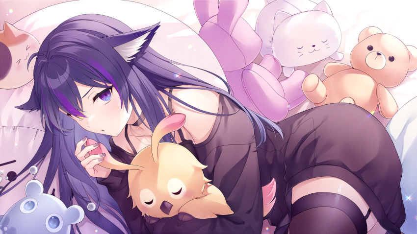 1girl animal_ears black_choker black_sweater black_thighhighs blue_eyes blue_hair calico choker commission creature dress e_(eokiba) garter_straps heterochromia highres long_hair long_sleeves looking_at_viewer multicolored_hair off-shoulder_sweater off_shoulder phantasy_star phantasy_star_online pillow purple_hair rappy skeb_commission stuffed_animal stuffed_cat stuffed_toy sweater sweater_dress teddy_bear thigh-highs vrchat yellow_eyes