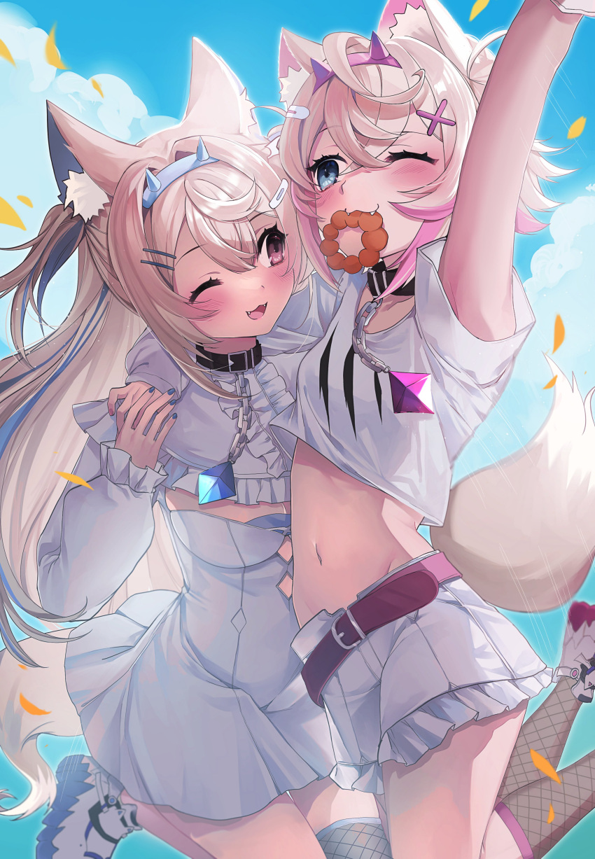 2girls absurdres ahoge animal_ear_fluff animal_ears arm_up artist_request belt blonde_hair blue_eyes blue_hair blush breasts chain clouds collar dog_ears dog_girl dog_tail doughnut dress food frills fuwawa_abyssgard hair_between_eyes headband highres hololive hololive_english large_breasts long_hair long_sleeves midriff mococo_abyssgard multicolored_hair multiple_girls nail_polish navel one_eye_closed red_eyes redhead sharp_teeth shoes short_hair short_sleeves shorts siblings single_thighhigh sneakers streaked_hair tail teeth thigh-highs twins two-tone_hair two_side_up