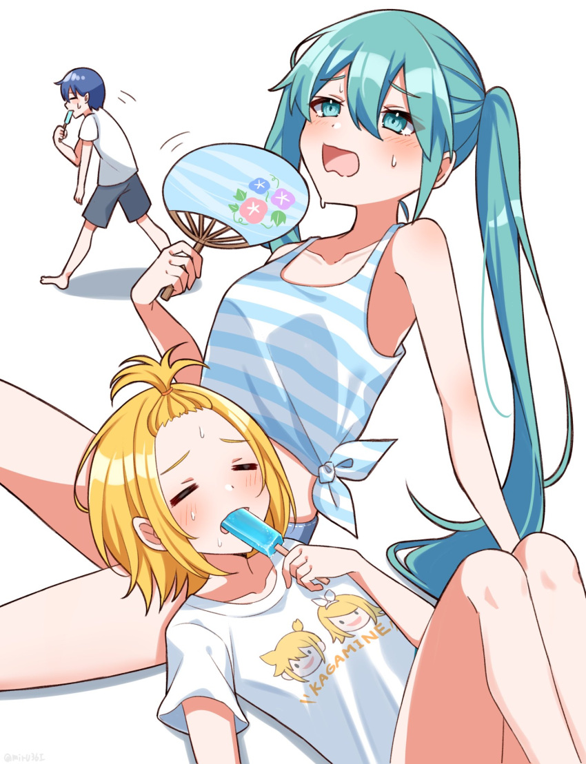 1boy 2girls =_= aqua_eyes bare_arms bare_shoulders blue_shirt blush breasts character_name character_print closed_eyes crop_top denim denim_shorts flat_chest food hair_between_eyes hand_fan hatsune_miku highres kagamine_rin kaito_(vocaloid) long_hair looking_up lying midriff miru36i multiple_girls on_back on_person paper_fan popsicle print_shirt shirt shorts sitting small_breasts striped striped_shirt sweat t-shirt tied_shirt twintails very_long_hair vocaloid wavy_mouth white_shirt