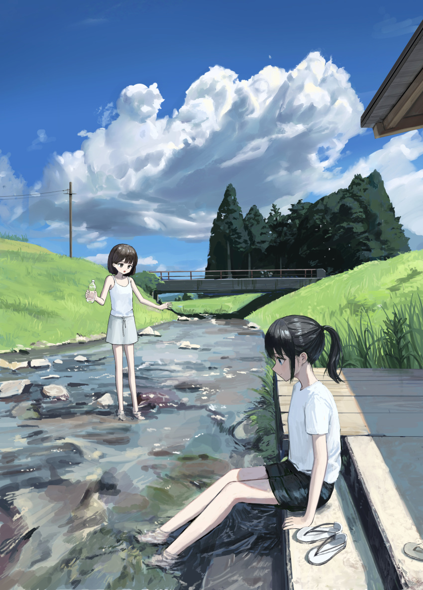 2girls absurdres black_hair black_shorts blue_sky bottle brown_eyes brown_hair camisole clouds day highres holding holding_bottle multiple_girls original outdoors ponytail power_lines rural sakiika0513 sandals sandals_removed shirt shorts skirt sky soaking_feet stream tree utility_pole water water_bottle white_shirt white_skirt