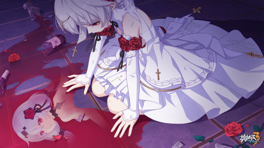 alcohol bare_legs bare_shoulders bottle chinese_commentary closed_mouth cross cup detached_sleeves dress drinking_glass flower hair_flower hair_ornament hand_on_floor highres honkai_(series) honkai_impact_3rd kneeling logo long_hair looking_at_another m_legs official_alternate_costume official_art official_wallpaper on_floor open_hands red_eyes red_flower red_rose reflection rose theresa_apocalypse theresa_apocalypse_(luna_kindred) white_dress white_hair white_sleeves wine wine_bottle wine_glass