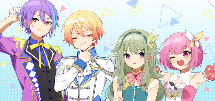 2boys 2girls blonde_hair butterfly_hair_ornament closed_eyes closed_mouth collared_shirt dress green_hair hair_ornament hair_ribbon hairband hand_on_own_chin imoko_(imo_ss) kamishiro_rui kusanagi_nene long_sleeves looking_at_another multiple_boys multiple_girls one_eye_closed ootori_emu open_mouth pink_eyes pink_hair project_sekai purple_hair ribbon shirt short_hair short_sleeves smile tenma_tsukasa triangle_background upper_body violet_eyes yellow_eyes yellow_ribbon