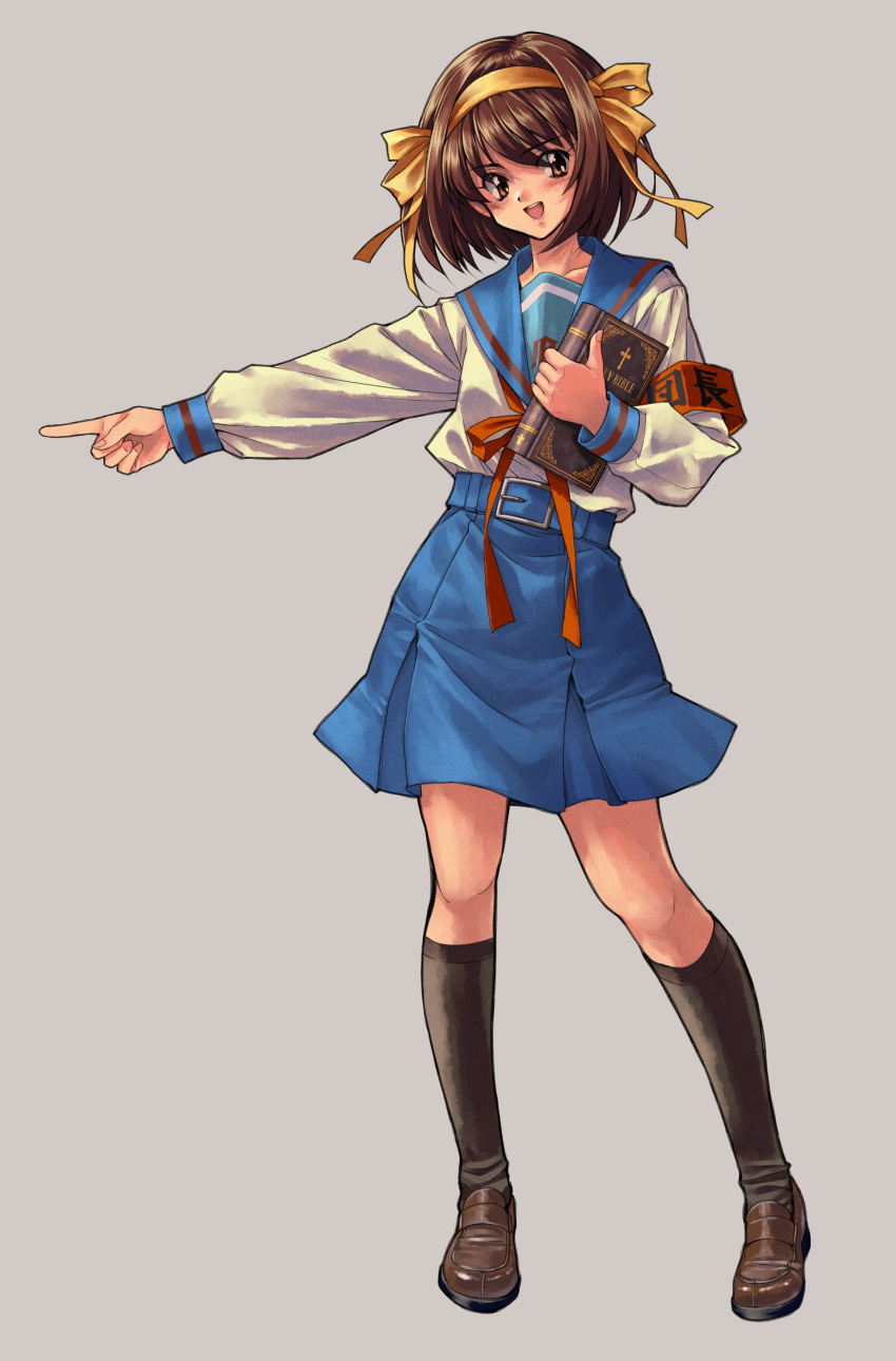1990s_(style) 1girl absurdres armband bible_(object) blue_skirt book brown_eyes brown_hair commission cross hair_ornament highres holding holding_book kita_high_school_uniform long_sleeves longmei_er_de_tuzi pointing red_armband retro_artstyle school_uniform shirt skirt smile solo suzumiya_haruhi suzumiya_haruhi_no_yuuutsu white_background white_shirt winter_uniform