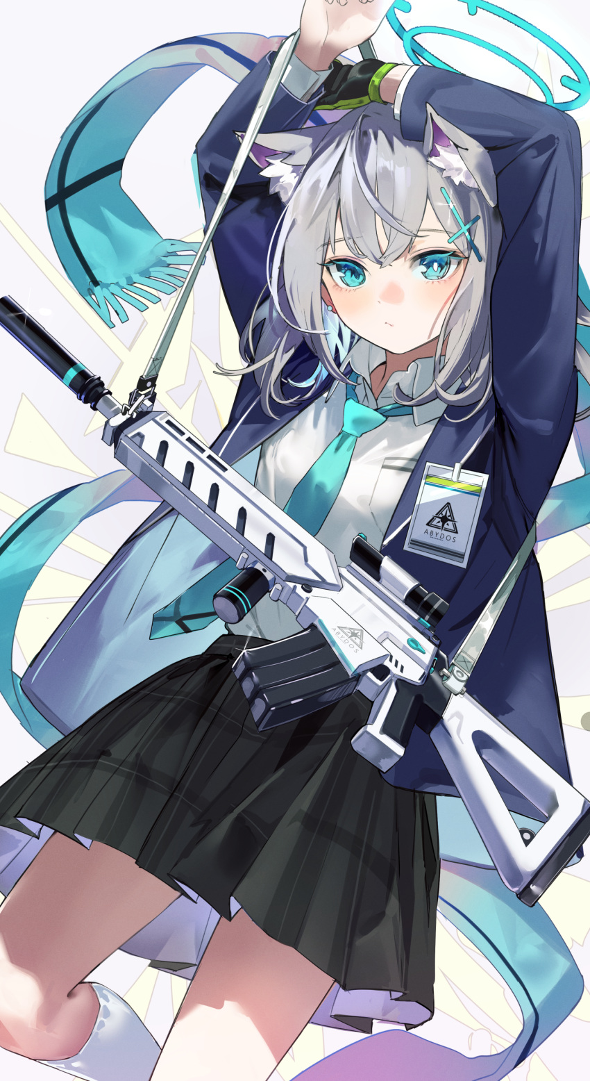 1girl :/ absurdres animal_ear_fluff animal_ears aqua_eyes aqua_necktie arms_up assault_rifle black_skirt blue_archive blue_jacket breast_pocket collared_shirt crossed_bangs feet_out_of_frame gloves grey_hair gun halo highres jacket long_sleeves looking_at_viewer medium_hair mismatched_pupils necktie nik_ibi open_clothes open_jacket plaid plaid_skirt pleated_skirt pocket rifle shiroko_(blue_archive) shirt shirt_tucked_in sig_556 single_glove skirt solo weapon white_shirt wolf_ears