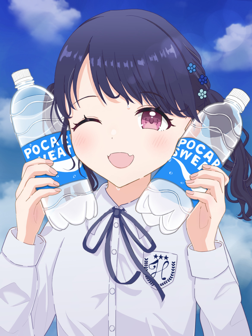 1girl artist_request black_hair black_ribbon bottle commentary_request day fangs flower fukumaru_koito hair_flower hair_ornament highres idolmaster idolmaster_shiny_colors long_sleeves looking_at_viewer neck_ribbon one_eye_closed outdoors pocari_sweat ribbon shirt skin_fangs solo sweat swept_bangs twintails violet_eyes water_bottle white_shirt
