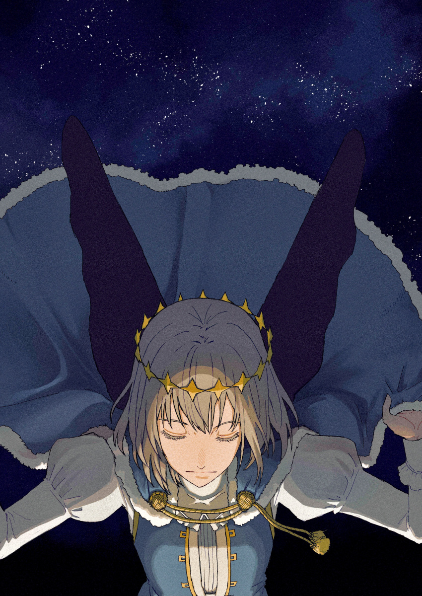 1058hoshi 1boy absurdres blue_cape blue_wings cape closed_eyes closed_mouth colored_eyelashes diamond_hairband expressionless fate/grand_order fate_(series) fur-trimmed_cape fur_trim grey_hair hair_between_eyes highres juliet_sleeves long_sleeves male_focus oberon_(fate) puffy_sleeves shirt short_hair solo star_(sky) tassel upper_body white_shirt wings