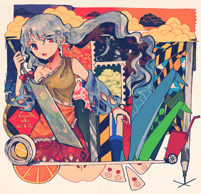 1girl bare_shoulders blue_sleeves collarbone detached_sleeves dress grey_hair highres holding holding_weapon itomugi-kun long_hair multicolored_clothes multicolored_dress nata_(tool) open_mouth orange_dress red_dress red_eyes sakata_nemuno solo touhou weapon yellow_dress