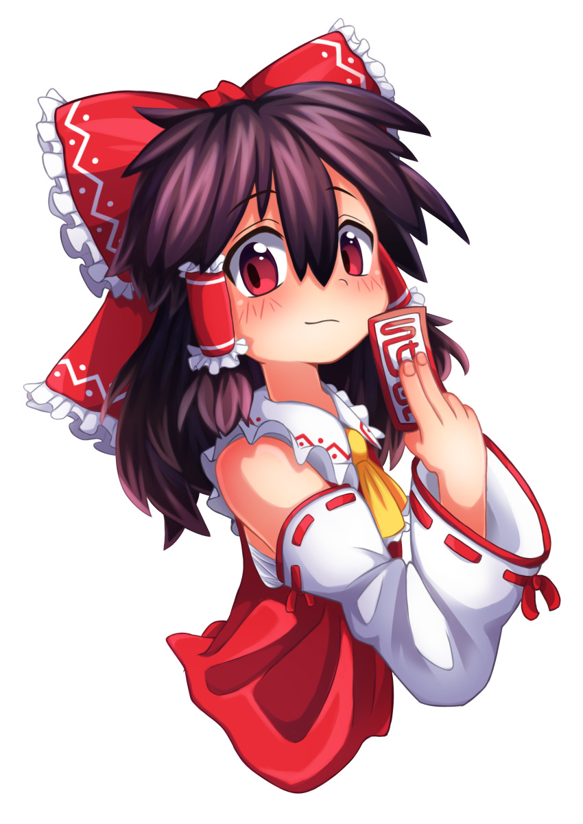 1girl absurdres ascot bare_shoulders blush bow brown_hair closed_mouth commentary_request cropped_torso detached_sleeves fingernails flat_chest frilled_bow frilled_hair_tubes frilled_shirt_collar frills hair_between_eyes hair_bow hair_tubes hakurei_reimu hand_up highres holding long_hair long_sleeves looking_at_viewer messy_hair moroqoishii ofuda red_bow red_eyes red_vest ribbon-trimmed_sleeves ribbon_trim sarashi simple_background smirk solo touhou upper_body vest white_background yellow_ascot
