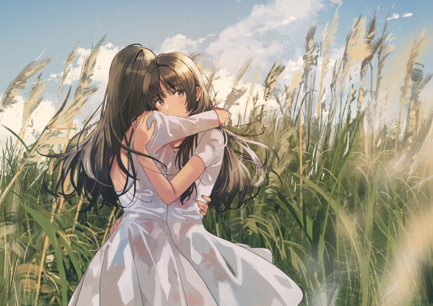 2girls clouds day dress field fly_(marguerite) grass hand_on_another's_shoulder hand_on_another's_waist highres hug long_hair looking_at_viewer multiple_girls original outdoors pinafore_dress sky sleeveless sleeveless_dress tall_grass third-party_source white_dress yuri