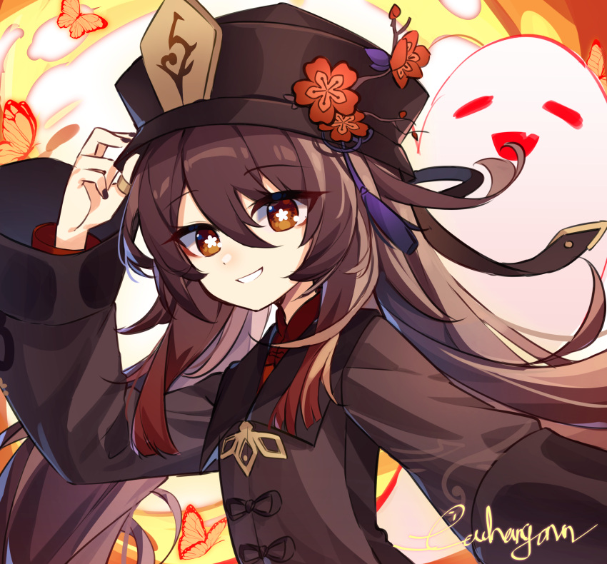 1girl adjusting_eyewear black_nails bright_pupils brown_coat brown_hair brown_headwear bug butterfly coat english_commentary flower flower-shaped_pupils genshin_impact ghost hair_between_eyes hat hat_flower hat_tassel highres hu_tao_(genshin_impact) long_hair long_sleeves looking_at_viewer orange_eyes parted_lips shiroi_ou signature smile solo symbol-shaped_pupils twintails white_pupils