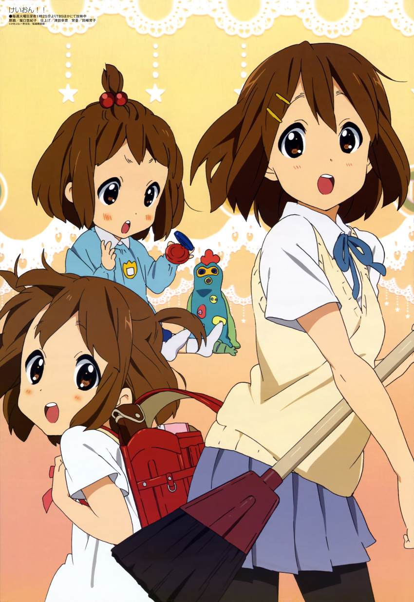 backpack bag broom brown_eyes brown_hair hair_bobbles hair_ornament hairclip high_ponytail highres hirasawa_yui horiguchi_yukiko k-on! kindergarten looking_back megami multiple_persona official_art pantyhose randoseru school_uniform short_hair short_twintails skirt sweater_vest time_paradox twintails young