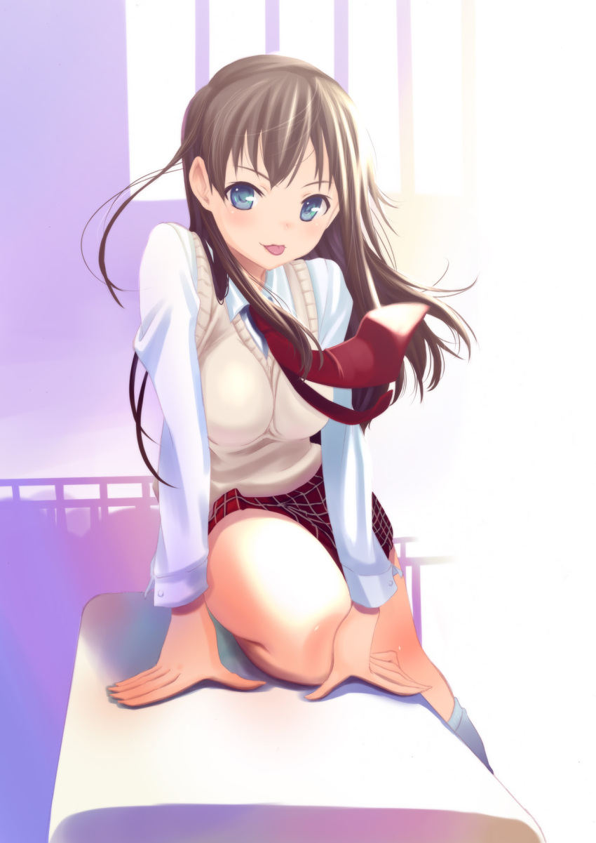 :p brown_hair highres iseshima_aya long_hair necktie platonic_heart school_uniform skirt sweater_vest tongue wadapen zettai_shougeki