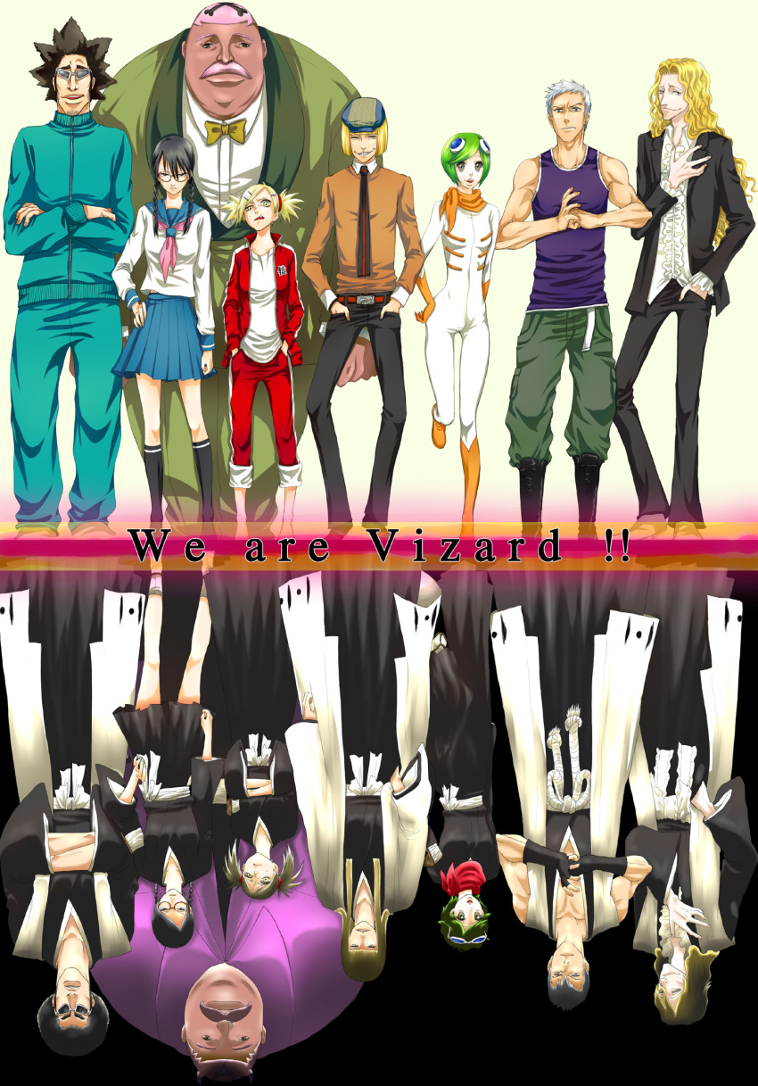 aikawa_love angry black_hair bleach bleach:_turn_back_the_pendulum blonde_hair blue_eyes bodysuit braid brown_eyes casual freckles glasses goggles green_hair hat highres hirako_shinji japanese_clothes kuna_mashiro muguruma_kensei necktie otoribashi_rojuro sarugaki_hiyori school_uniform short_hair sunglasses twin_braids ushoda_hachigen vizard yadoumaru_lisa yellow_eyes