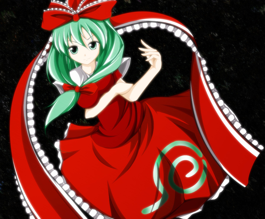 arm_grab bow breasts dress frills fulea green_eyes green_hair hair_ribbon kagiyama_hina long_hair ribbon touhou