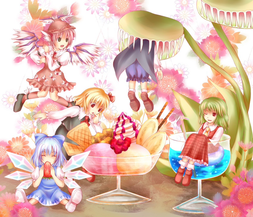 5girls ascot blonde_hair blue_hair bow cape cirno closed_eyes cup flower food fruit girl_in_a_cup green_hair hair_bow hat head_wings highres ice_cream in_container in_cup in_food jumper kazami_yuuka kosaka minigirl mystia_lorelei nature pink_hair plaid plaid_skirt plaid_vest plant red_eyes rumia skirt skirt_set strawberry team_9 touhou venus_flytrap vore wings wriggle_nightbug wrist_cuffs