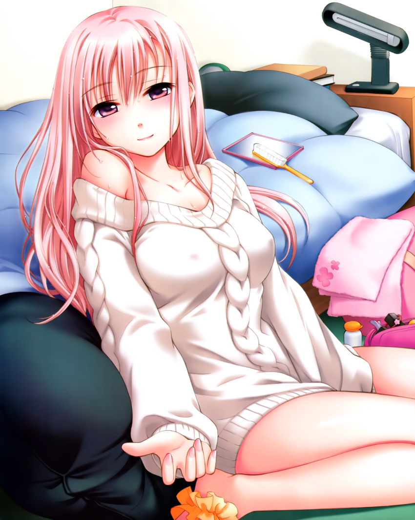 bare_shoulders barefoot bed bottomless brush erect_nipples ginta hair_brush hands highres lamp long_hair mirror naked_sweater no_pants off_shoulder pink_eyes pink_hair smile sweater
