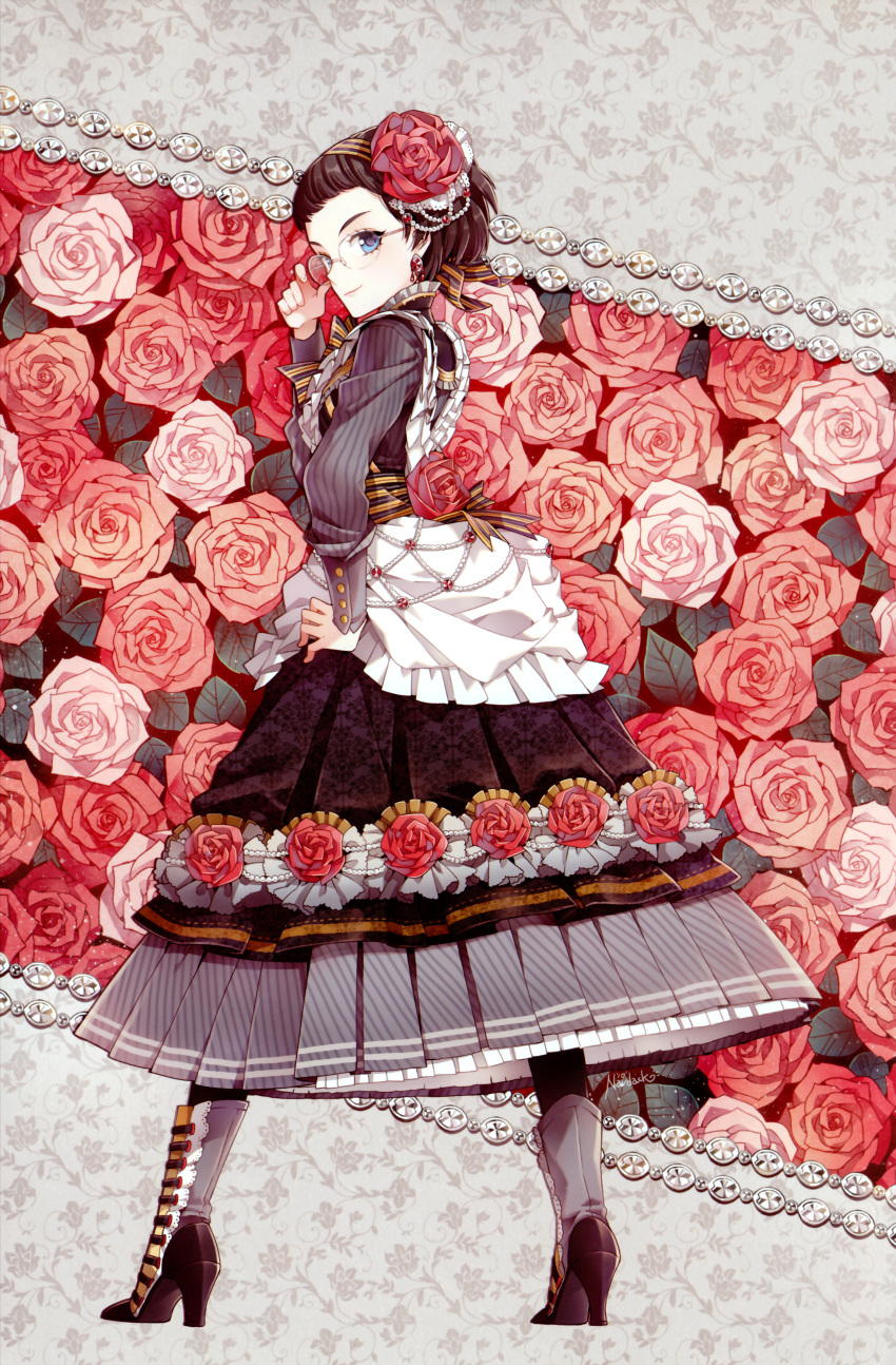 1girl blue_eyes boots brown_hair cross-laced_footwear dress earrings female floral_print flower gem glasses gown hair_bun hair_ornament hand_on_hip highres jewelry lace-up_boots looking_back nardack original pearl petticoat rose smile solo victorian