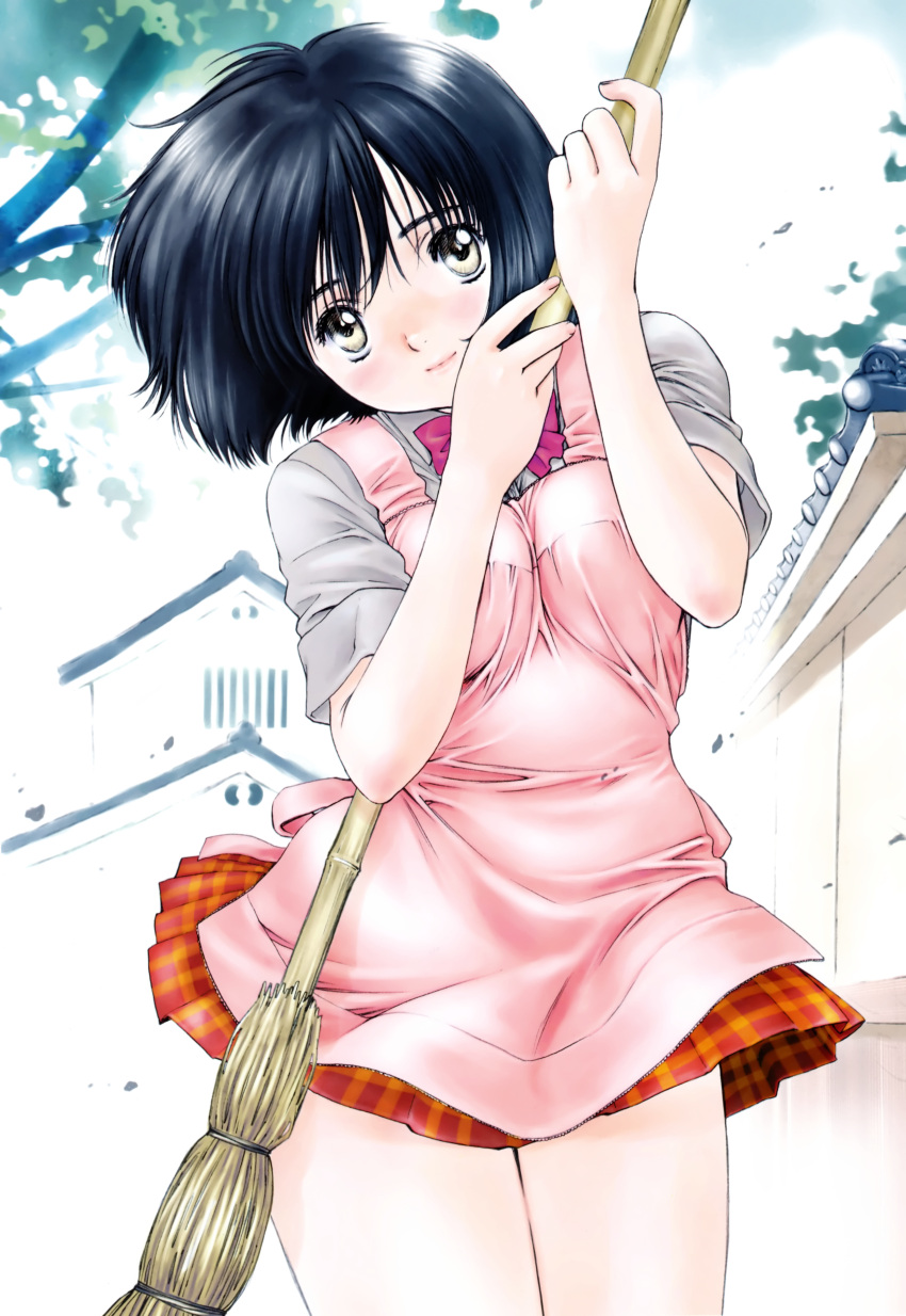 apron bamboo-shafted_broom bamboo_broom black_hair bowtie breast_squeeze breasts broom highres kobayashi_hiyoko oku-sama_wa_joshi_kousei onohara_asami school_uniform short_hair solo