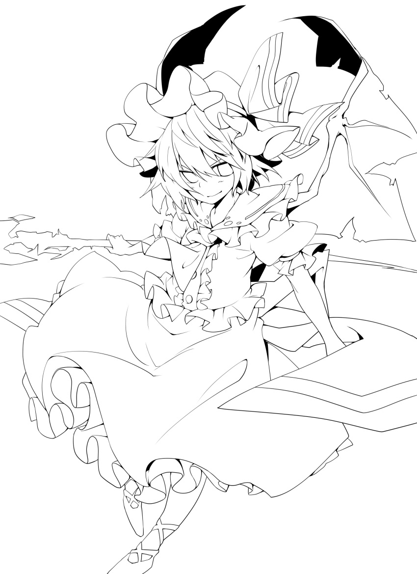 bad_id hat highres la-do lineart monochrome remilia_scarlet smile spear_the_gungnir touhou transparent_background wings