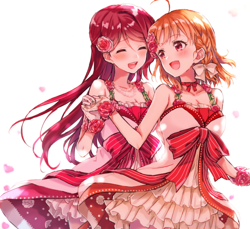 2girls :d ^_^ ahoge bangs blush bow braid breasts cherry_blossoms choker cleavage closed_eyes collarbone commentary_request dress flower gloves hair_bow hair_flower hair_ornament half_updo hand_holding jewelry long_hair looking_at_another love_live! love_live!_sunshine!! multiple_girls necklace open_mouth orange_hair overskirt pearl_necklace petals pink_flower pink_rose red_choker red_eyes red_ribbon redhead ribbon ribbon_choker rose round_teeth sahara_(charlotte) sakurauchi_riko short_hair side_braid smile striped striped_ribbon takami_chika teeth upper_teeth white_bow white_gloves wrist_flower yuri