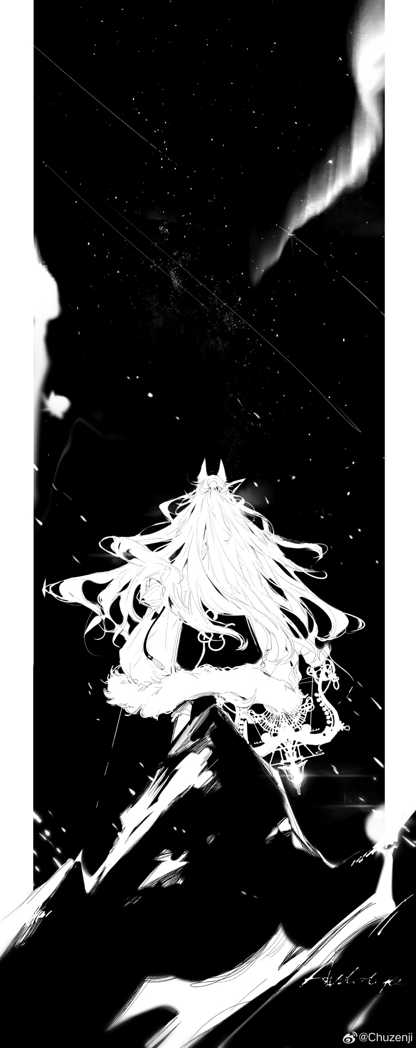 1girl absurdres animal_ears arknights chuzenji coat commentary facing_away from_behind fur-trimmed_coat fur_trim greyscale highres long_hair monochrome official_alternate_costume pozyomka_(arknights) pozyomka_(snowy_plains_in_words)_(arknights) russian_commentary signature snowing solo very_long_hair weibo_logo weibo_username wide_shot wolf_ears wolf_girl
