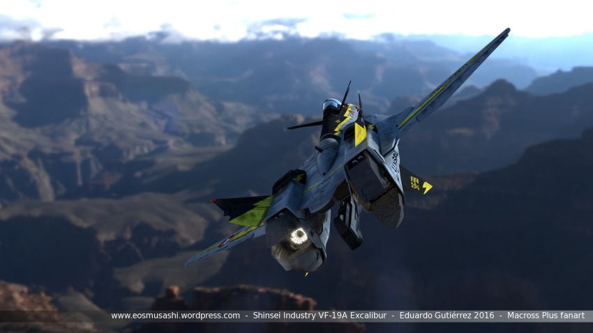 2016 3d afterburner blender_(medium) blurry blurry_background canards dated english_commentary eosmusashi flying highres macross macross_plus mountainous_horizon photo_background realistic roundel science_fiction signature u.n._spacy variable_fighter yf-19