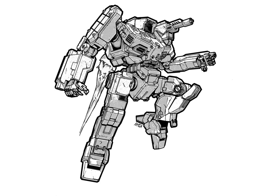 arm_cannon artist_name battletech flying greyscale highres m42a-geigera42 mecha monochrome open_hand robot science_fiction shadowhawk shoulder_cannon solo weapon white_background