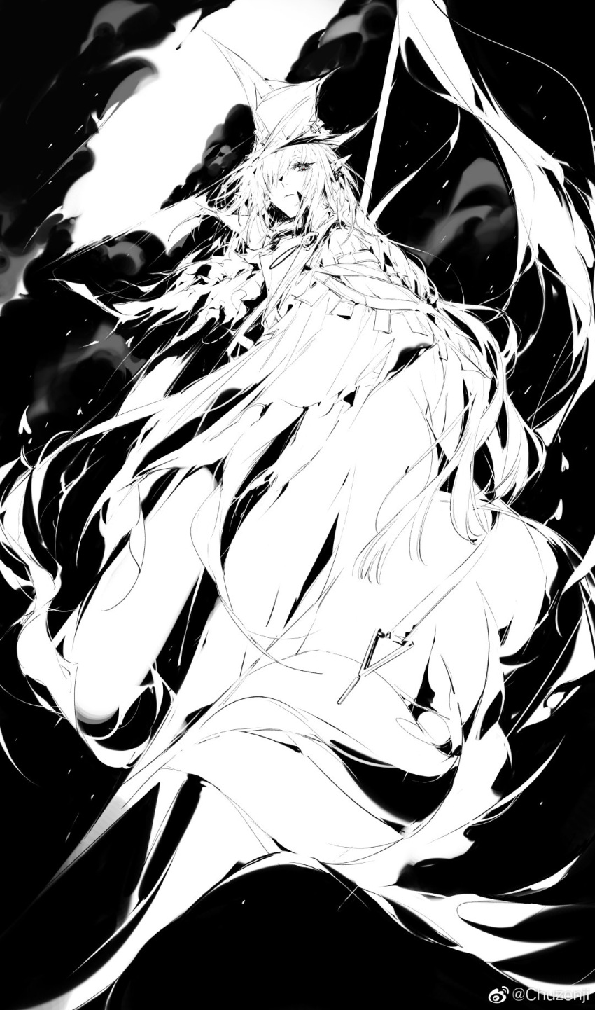 1girl arknights chinese_commentary chuzenji closed_mouth coat commentary_request eyelashes floating_hair full_body gladiia_(arknights) greyscale hair_over_one_eye hat highres long_hair looking_at_viewer monochrome one_eye_covered pointy_ears solo weibo_logo weibo_username