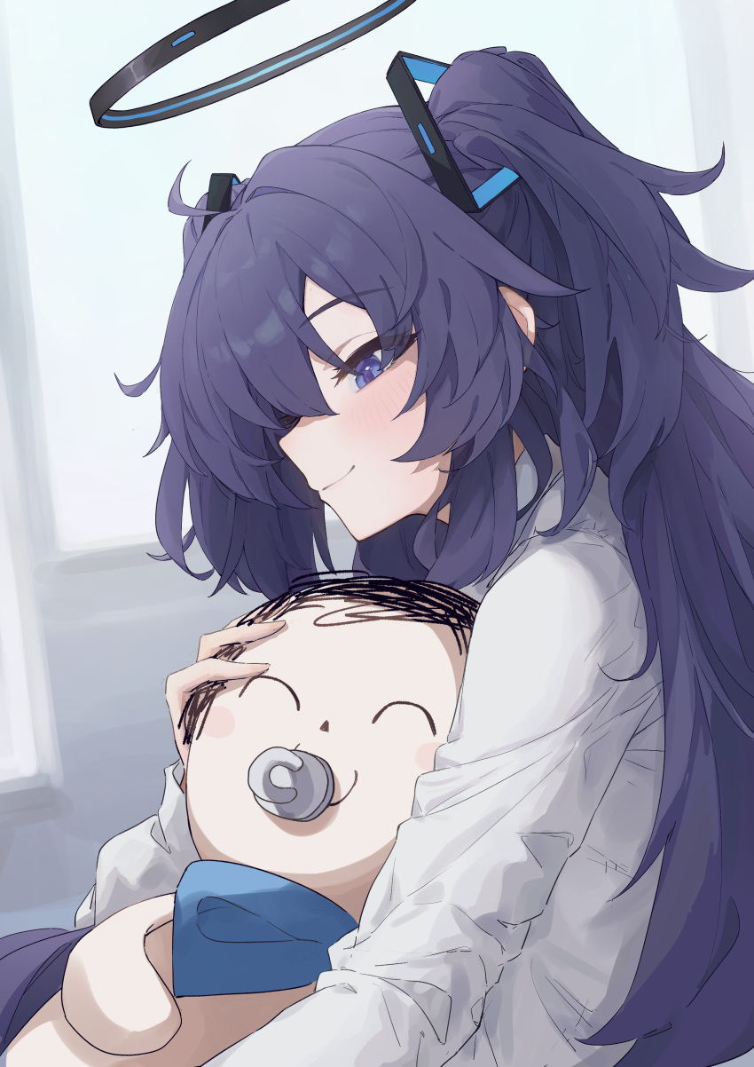 1girl absurdres arona's_sensei_doodle_(blue_archive) blue_archive blue_scarf blush halo hand_on_another's_head highres indoors long_hair looking_at_viewer pacifier purple_hair scarf sensei_(blue_archive) shirt sideways_glance smile trigonometric_function two_side_up very_long_hair violet_eyes white_shirt yuuka_(blue_archive)