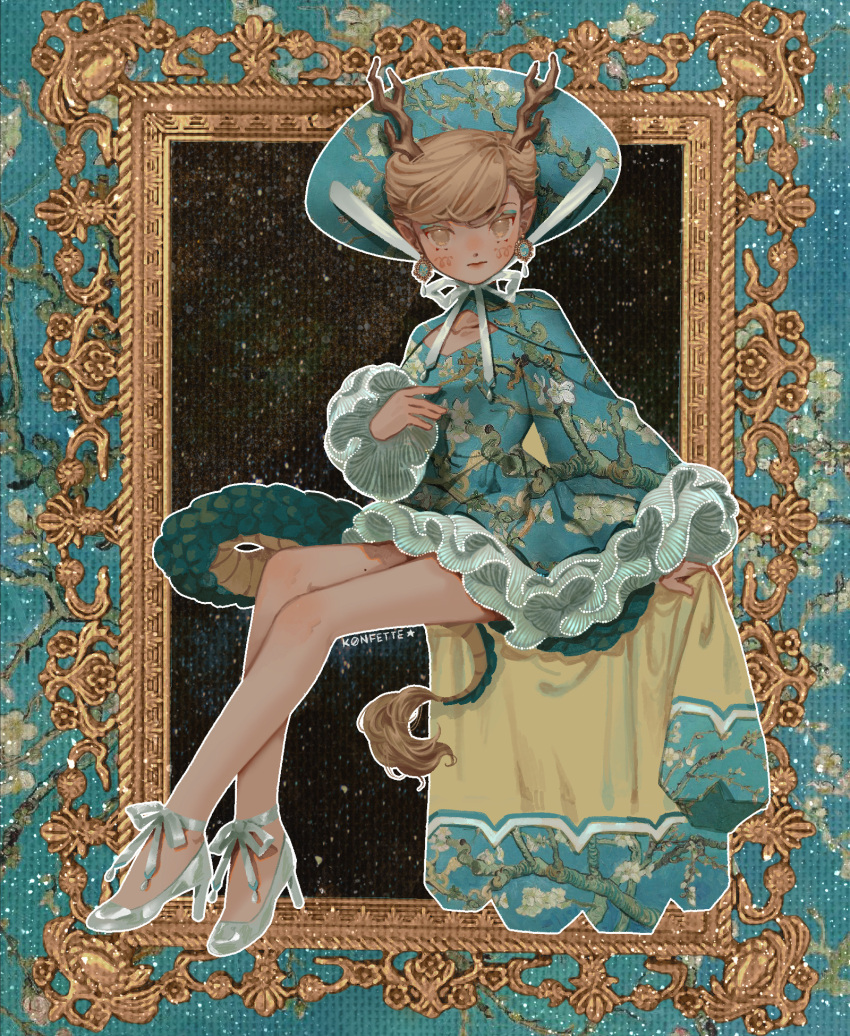 1girl almond_blossoms_(van_gogh) arm_rest artist_name blonde_hair blue_dress blue_headwear blush_stickers breasts chin_strap cleavage_cutout clothing_cutout crossed_legs dot_nose dragon_horns dragon_tail dress drop_earrings earrings fashion fine_art_parody frilled_dress frilled_sleeves frills hat high_heels highres horns jewelry k0nfette kicchou_yachie parody picture_frame pink_eyes pointy_ears ribbon short_dress short_hair sitting small_breasts sun_hat swept_bangs tail touhou watson_cross white_footwear white_ribbon wide_sleeves