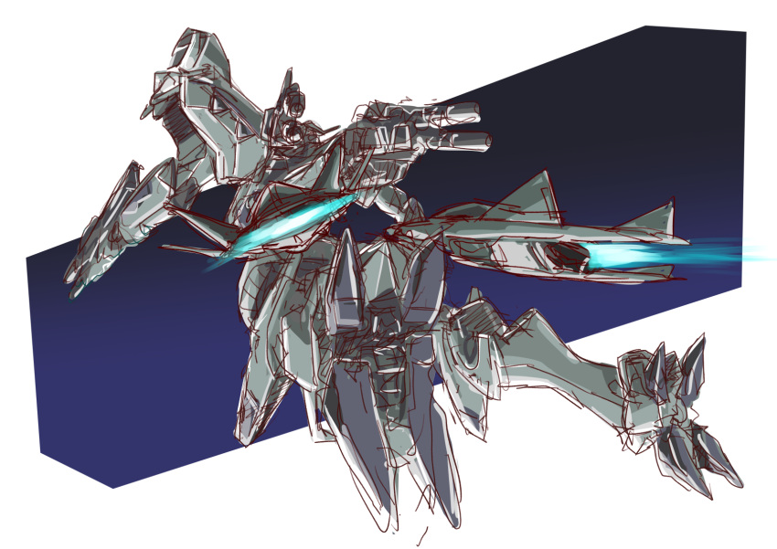 f-22a_raptor_(muv-luv) flying from_behind from_below gun highres holding holding_gun holding_weapon mecha muv-luv muv-luv_alternative no_humans robot sketch tactical_surface_fighter taiga_hiroyuki thrusters weapon