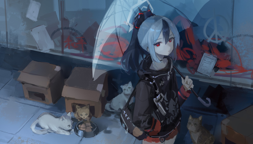 1girl animal bag black_hair black_jacket blue_archive bowl cat closed_mouth demon_horns grey_hair hair_between_eyes hair_ornament halo hand_in_pocket highres holding holding_umbrella hood horns jacket kayoko_(blue_archive) long_hair long_sleeves looking_at_viewer meinoss multicolored_hair outdoors pet_bowl ponytail red_eyes shoulder_bag two-tone_hair umbrella