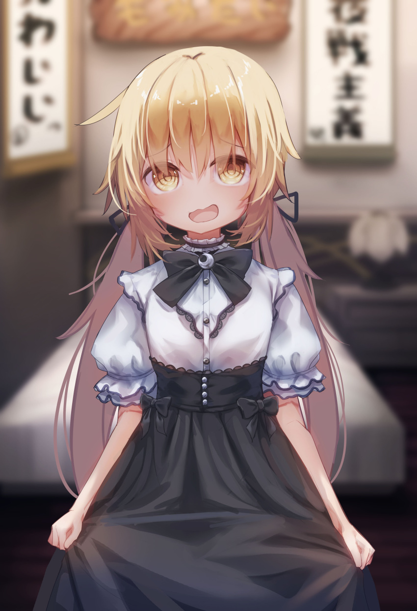 1girl absurdres alternate_costume black_bow black_bowtie black_ribbon black_skirt blonde_hair blurry blurry_background bow bowtie buttons crescent crescent_pin hair_ribbon highres kantai_collection logiclr long_hair low_twintails open_mouth ribbon satsuki_(kancolle) shirt short_sleeves skirt solo twintails white_shirt yellow_eyes