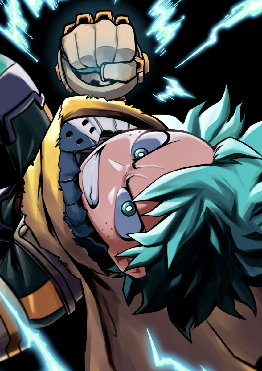 1boy absurdres aqua_eyes aqua_hair black_background blue_gloves blurry bodysuit boku_no_hero_academia bright_pupils cape clenched_hand clenched_teeth close-up commentary electricity floating_cape floating_hair freckles furrowed_brow gloves glowing green_bodysuit grey_gloves hand_up highres hiro_illust11 horikoshi_kouhei_(style) incoming_attack incoming_punch looking_at_viewer male_focus midair midoriya_izuku official_alternate_costume official_style punching serious short_hair sideways simple_background solo spoilers teeth upper_body v-shaped_eyebrows yellow_cape