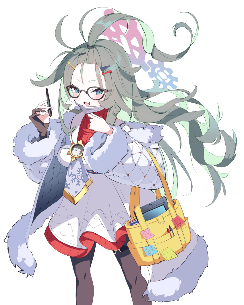 1girl absurdres arimas_ar1 bag black-framed_eyewear black_pantyhose blue_archive blue_eyes breasts coat drawing_tablet fur_trim glasses green_hair grey_hair hair_ornament hairclip halo highres holding holding_stylus long_hair long_sleeves looking_at_viewer medium_breasts meru_(blue_archive) multicolored_hair open_clothes open_coat open_mouth pantyhose red_sweater ribbed_sweater simple_background solo stylus sweater white_background white_coat
