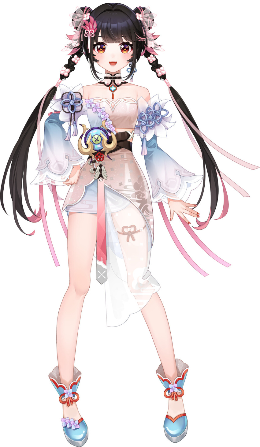 1girl :d ankle_cuffs bare_legs bare_shoulders belt black_hair blue_flower blunt_bangs blush brown_belt cloud_print detached_collar detached_sleeves double_bun dress earrings flower full_body hair_bun hair_flower hair_ornament hair_ribbon hand_on_own_hip highres jewelry leg_ribbon legs_apart long_hair long_sleeves looking_at_viewer luona multicolored_hair nebula_beat official_art orange_eyes pink_dress pink_flower pink_hair pink_ribbon red_nails red_ribbon ribbon see-through see-through_skirt_layer short_dress single_earring smile solo standing strapless strapless_dress streaked_hair tachi-e tassel teeth thigh_ribbon tube_dress twintails very_long_hair virtual_youtuber white_background wide_sleeves yin_yang yin_yang_earrings