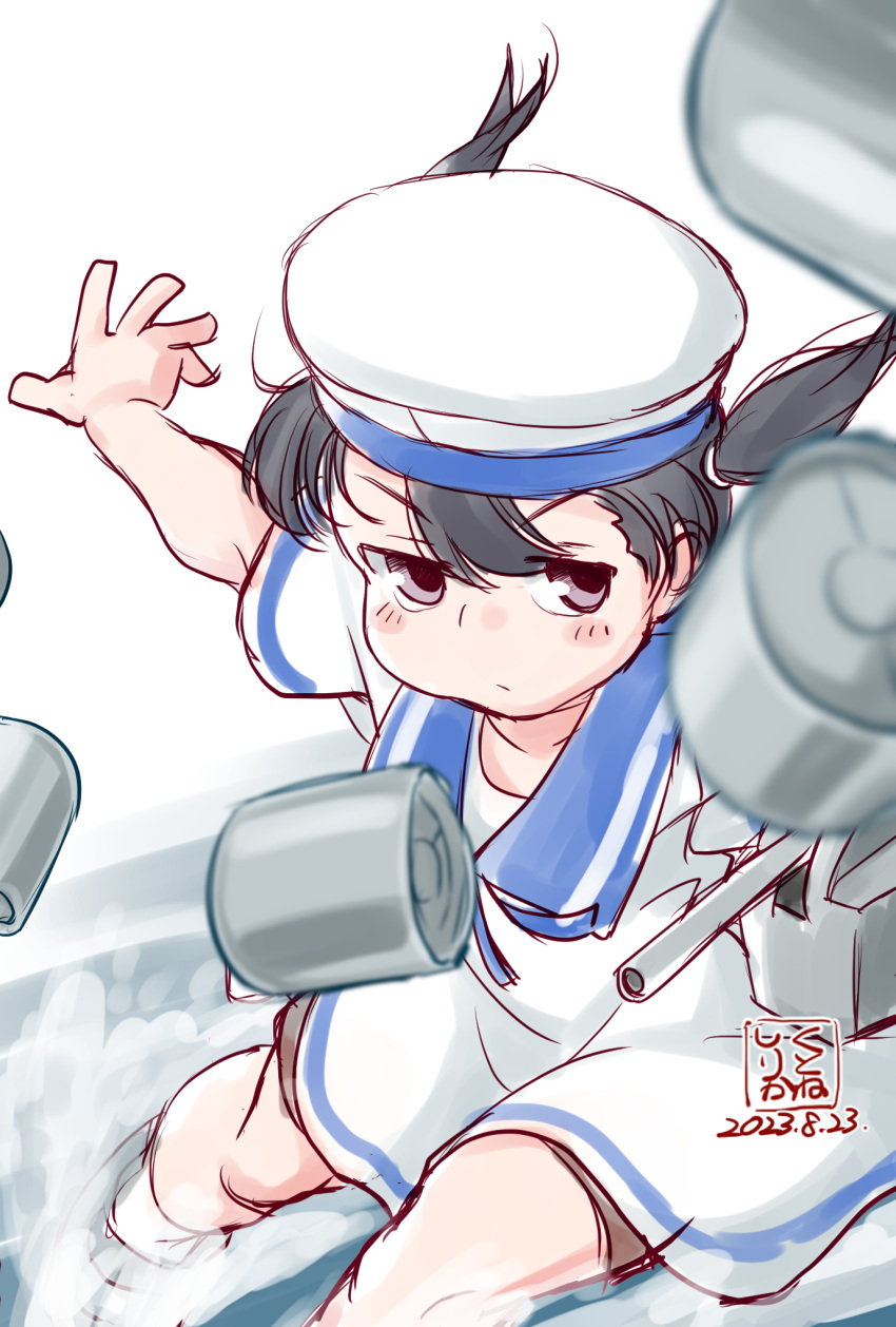 1girl black_hair blue_collar blue_sailor_collar blurry collar depth_charge depth_of_field dress hat highres kantai_collection kutone_shirika sailor_collar sailor_dress sailor_hat short_hair short_sleeves shounan_(kancolle) solo throwing twintails violet_eyes white_dress white_headwear